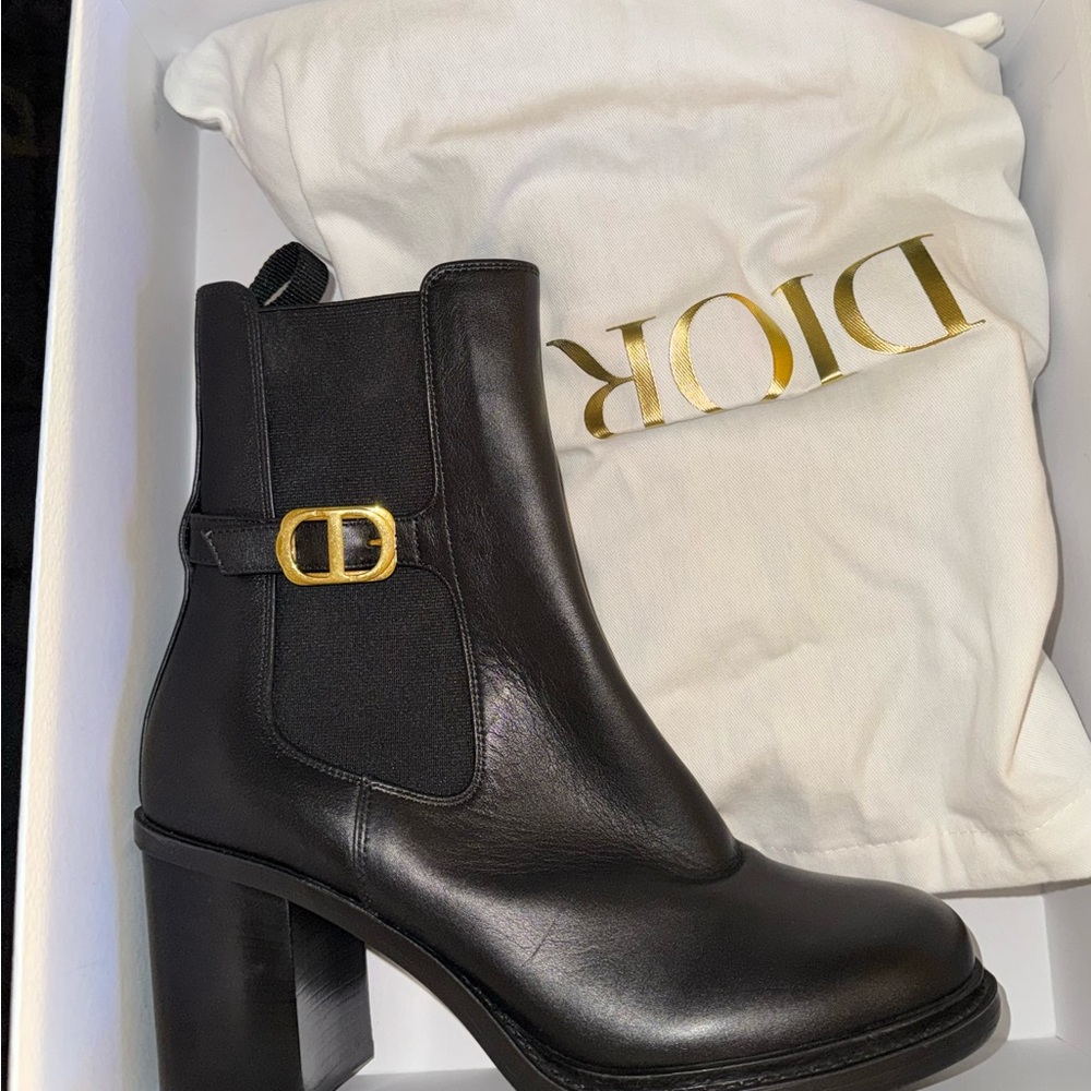 Dior Black Leather Heeled Boots with Gold Buckle